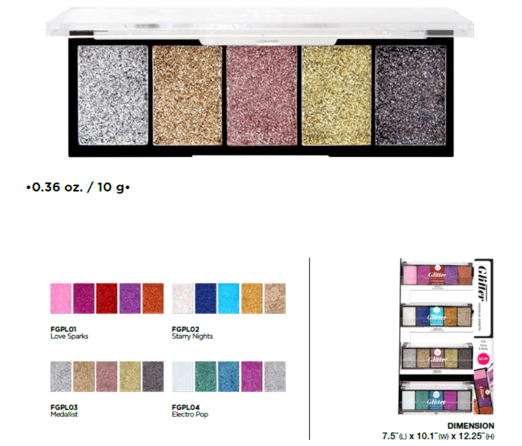 NK - GLITTER MAKEUP PALETTE (4SKUS, 6PCS/SKU, 24PCS TOTAL) w/ ACRYLIC DISPLAY