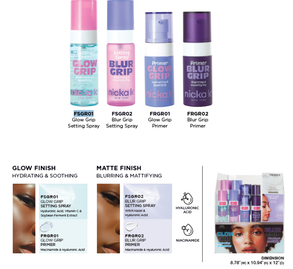 NK - GLOW GRIP & BLUR GRIP SETTING SPRAY & PRIMER (4SKUS, 6PCS/SKU, 24PCS TOTAL) w/ ACRYLIC DISPLAY