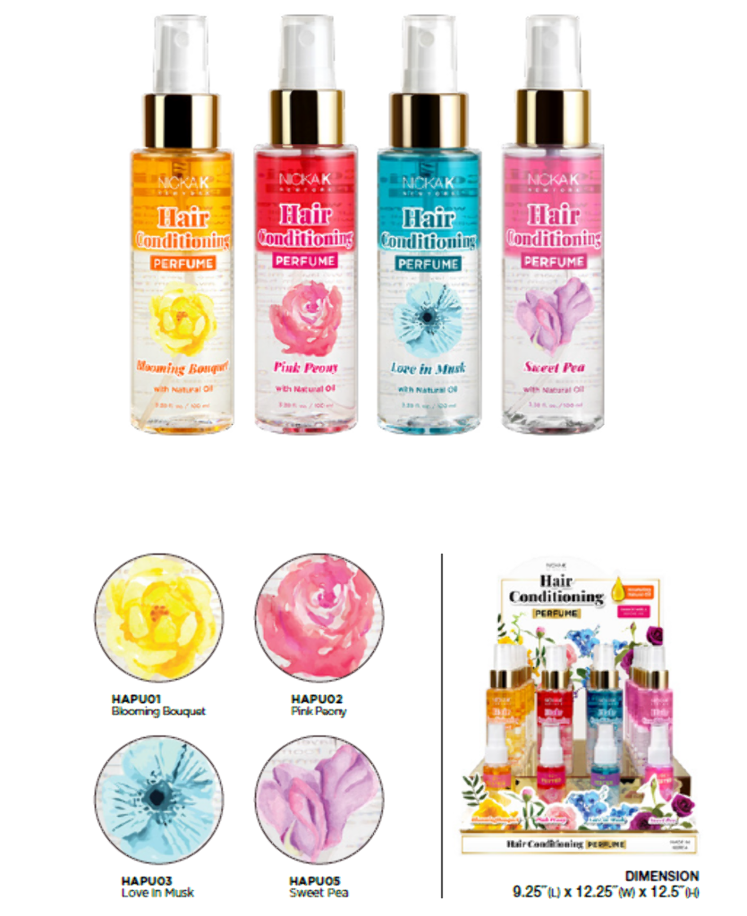NK - HAIR CONDITIONING PERFUME (4SKUS, 6PCS/SKU, 24PCS TOTAL) w/ ACRYLIC DISPLAY