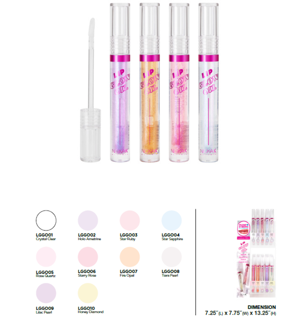 NK - JEWEL LIP GLOW OIL FULL SET (10SKU, 6PCS/SKU, 60PCS TOTAL) w/ ACRYLIC DISPLAY