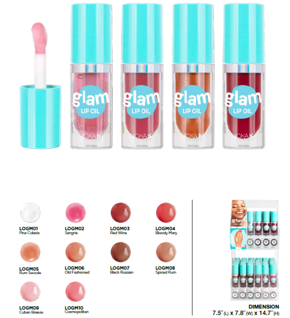 NK - GLAM LIP OIL FULL SET (10SKUS, 6PCS/SKU, 60PCS TOTAL) w/ ACRYLIC DISPLAY