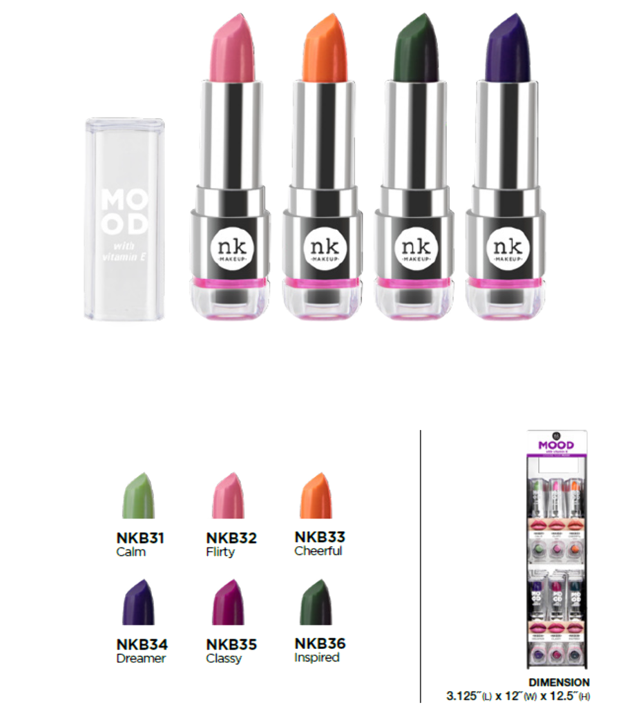 NK - MOOD LIPSTICK (6SKU, 6PCS/SKU, 36PCS TOTAL) w/ ACRYLIC DISPLAY