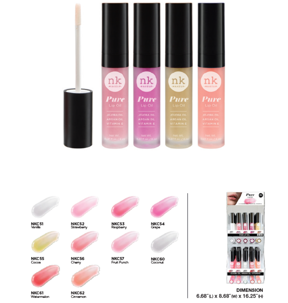 NK - LIP PURE LIP OIL (10SKU, 6PCS/SKU, 60PCS TOTAL) w/ ACRYLIC DISPLAY