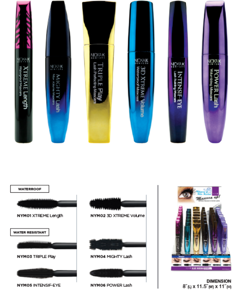 NK - BLACK 6 MASCARA FULL SET (6SKUS, 6PCS/SKU, 36PCS TOTAL)  w/ ACRYLIC DISPLAY