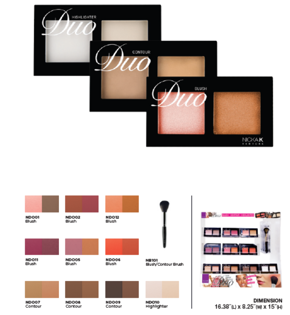 NK - DUO BLUSH CONTOUR HIGHLIGHTER FULL SET (11SKU, 6PCS/SKU, 66PCS TOTAL) w/ ACRYLIC DISPLAY