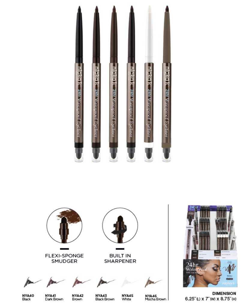 NK - 24HR WATERPROOF GEL EYELINER FULL SET (6SKUS, 12PCS/sku, 72PCS TOTAL) w/ ACRYLIC DISPLAY