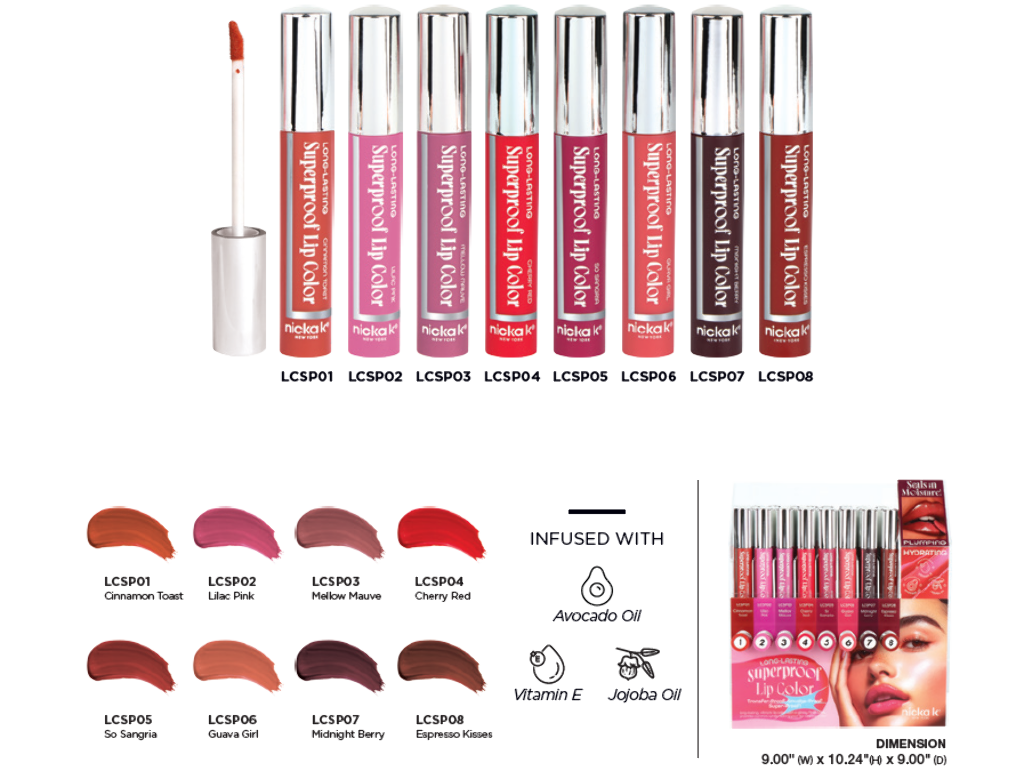 NK - SUPERPROOF LONG-LASTING LIP COLOR FULL SET (8SKU, 6PCS/SKU, 48PCS TOTAL) w/ ACRYLIC DISPLAY