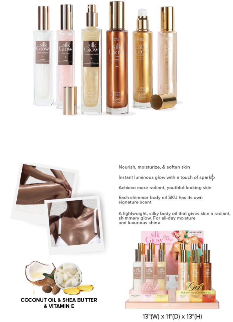 ABNY - SILK GLOW SHIMMER BODY OIL MIST & GEL FULL SET (6SKUS, 3PCS/SKU, 18PCS TOTAL) w/ ACRYLIC DISPLAY