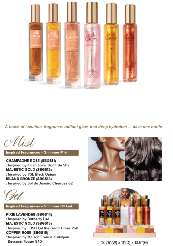 ABNY - SILK GLOW SHIMMER BODY OIL MIST & GEL SET 2 (6SKUS, 3PCS/SKU, 18PCS TOTAL) w/ ACRYLIC DISPLAY
