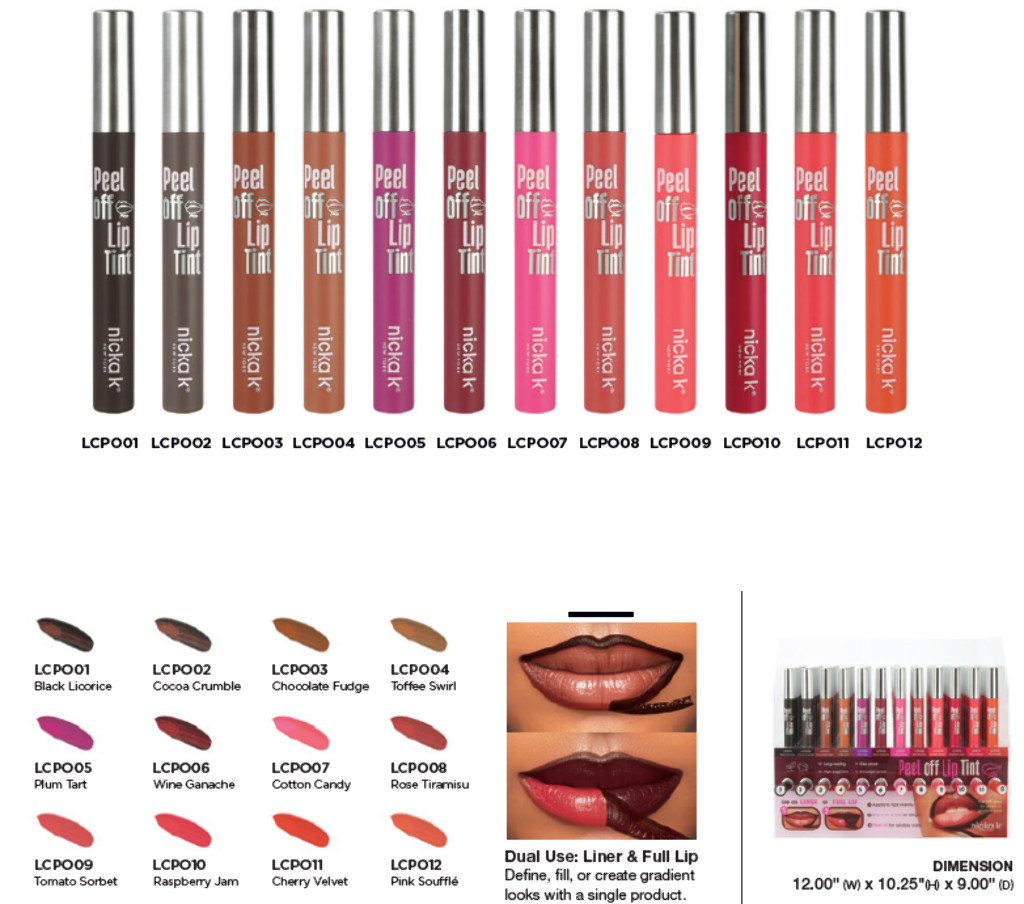 NK - PEEL OFF LIP TINT LINER & FULL LIP FULL SET (12SKU, 6PCS/SKU, 72PCS TOTAL) w/ ACRYLIC DISPLAY