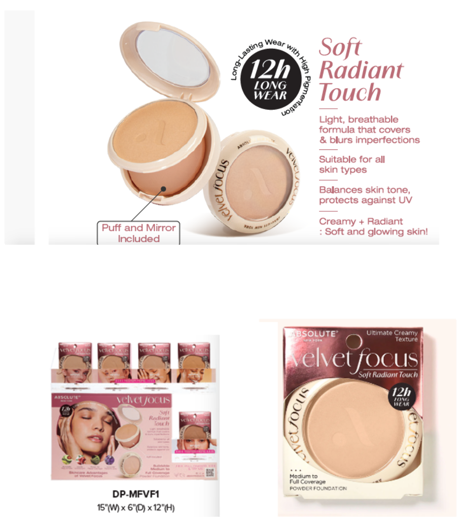 ABNY - VELVET FOCUS POWDER FOUNDATION FULL SET (5SKUS, 3PCS/SKU, 15PCS TOTAL)  w/ ACRYLIC DISPLAY