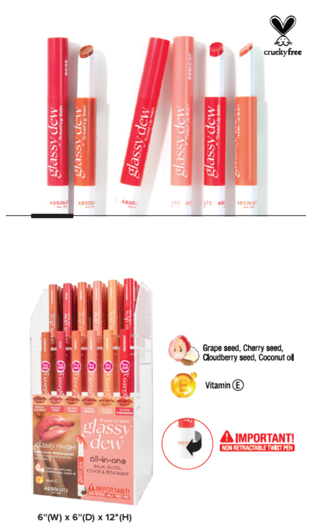 ABNY - GLASSY DEW TINTED LIP BALM FULL SET (6SKUS, 6PCS/SKU, 36PCS TOTAL w/ TESTERS) w/ ACRYLIC DISPLAY