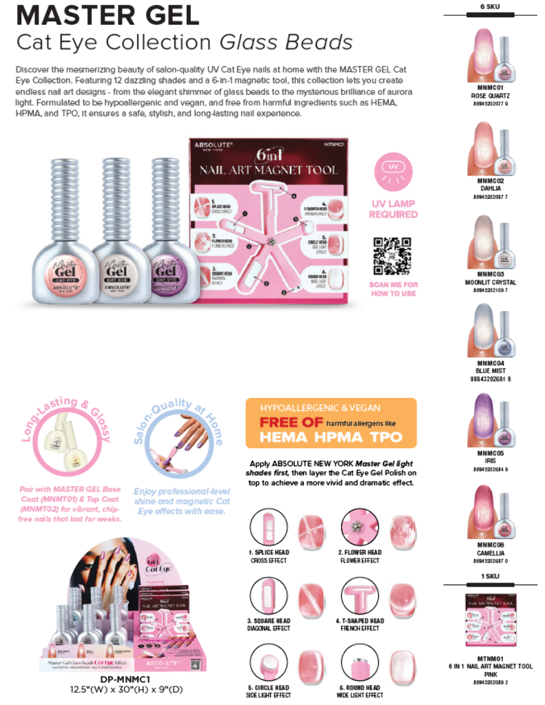 ABNY - MASTER GEL POLISH GLASS BEADS CAT EYE FULL SET (6SKUS(MNMC01-06)/3PC EA, 1SKU(MTNM01)/6PC EA, 24PCS TOTAL) w/ ACRYLIC DISPLAY