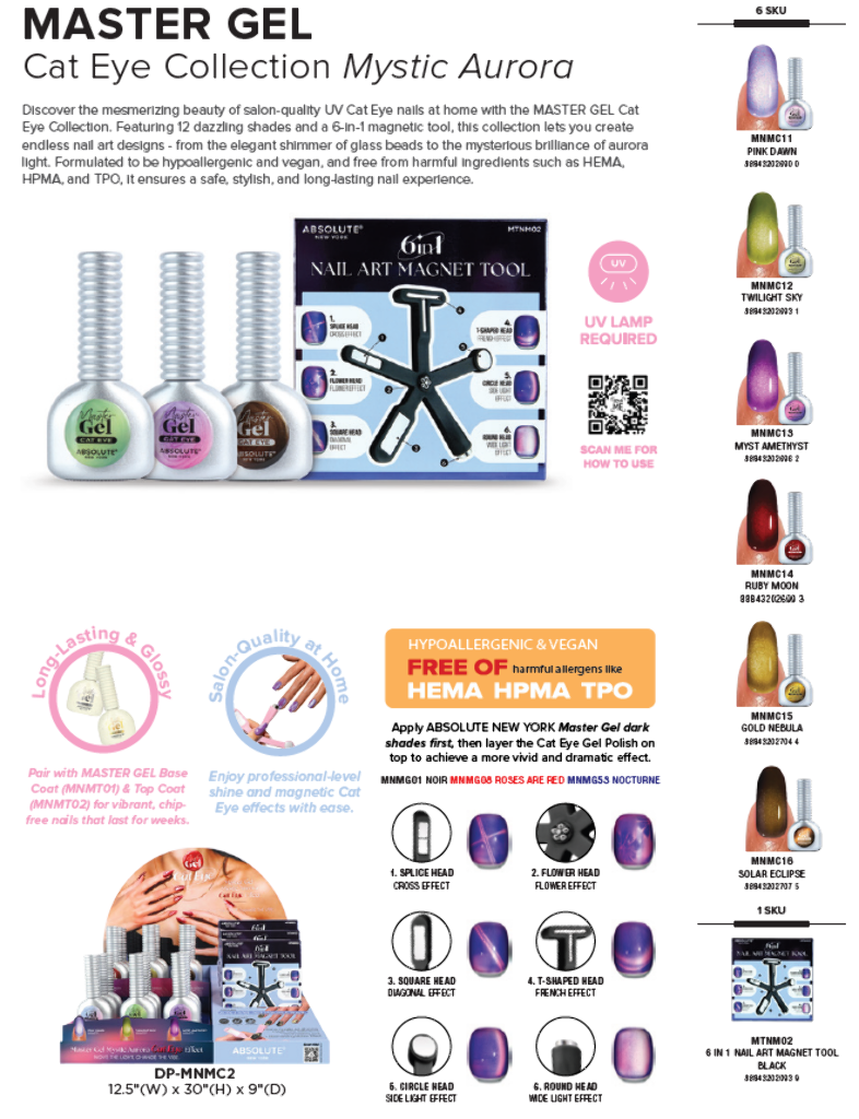 ABNY - MASTER GEL POLISH MYSTIC AURORA CAT EYE FULL SET (6SKUS(MNMC11-16)/3PC EA, 1SKU(MTNM02)/6PC EA, 24PCS TOTAL) w/ ACRYLIC DISPLAY