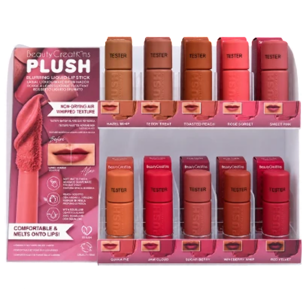 BC PLUSH BLURRING LIQUID LIPSTICK FULL SET (10SHADES, 6PCS/SHADE, 60PCS TOTAL + TESTERS) w/ ACRYLIC DISPLAY